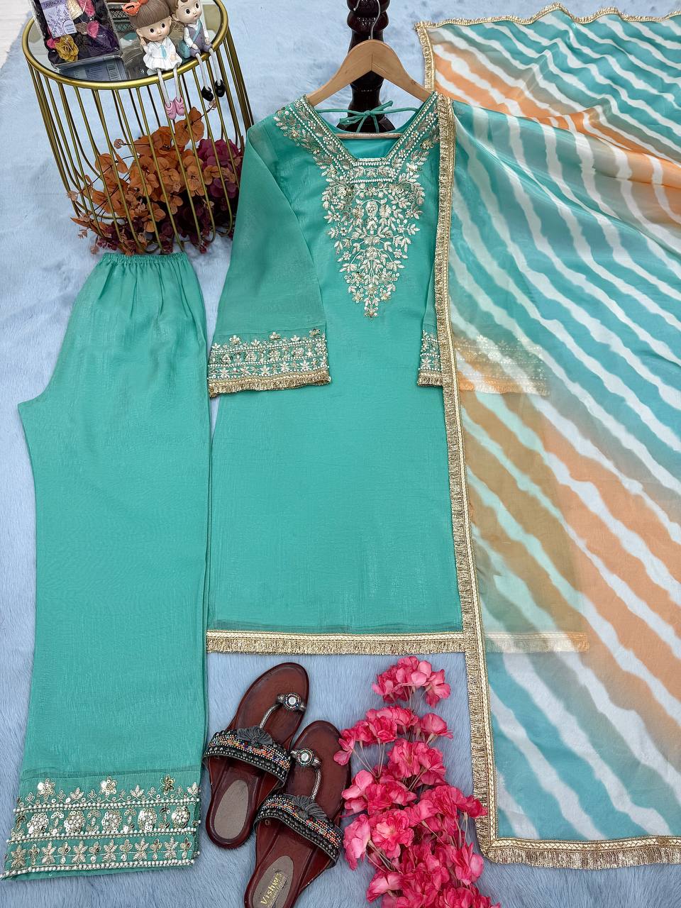 Sky Blue Premium Designer Readymade Top, Plazzo & Dupatta Collection ClothsVilla
