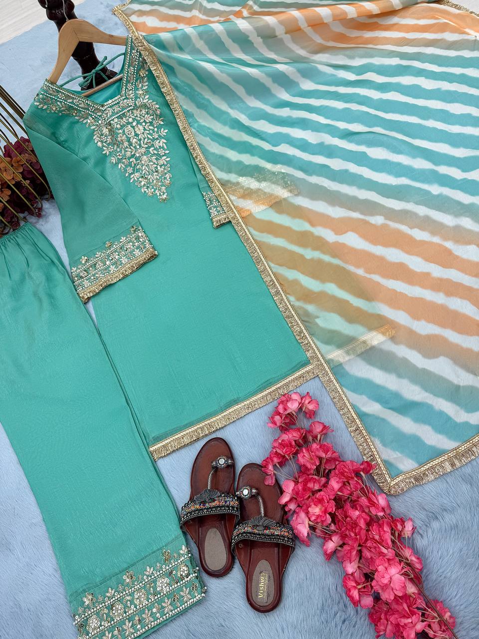 Sky Blue Premium Designer Readymade Top, Plazzo & Dupatta Collection ClothsVilla