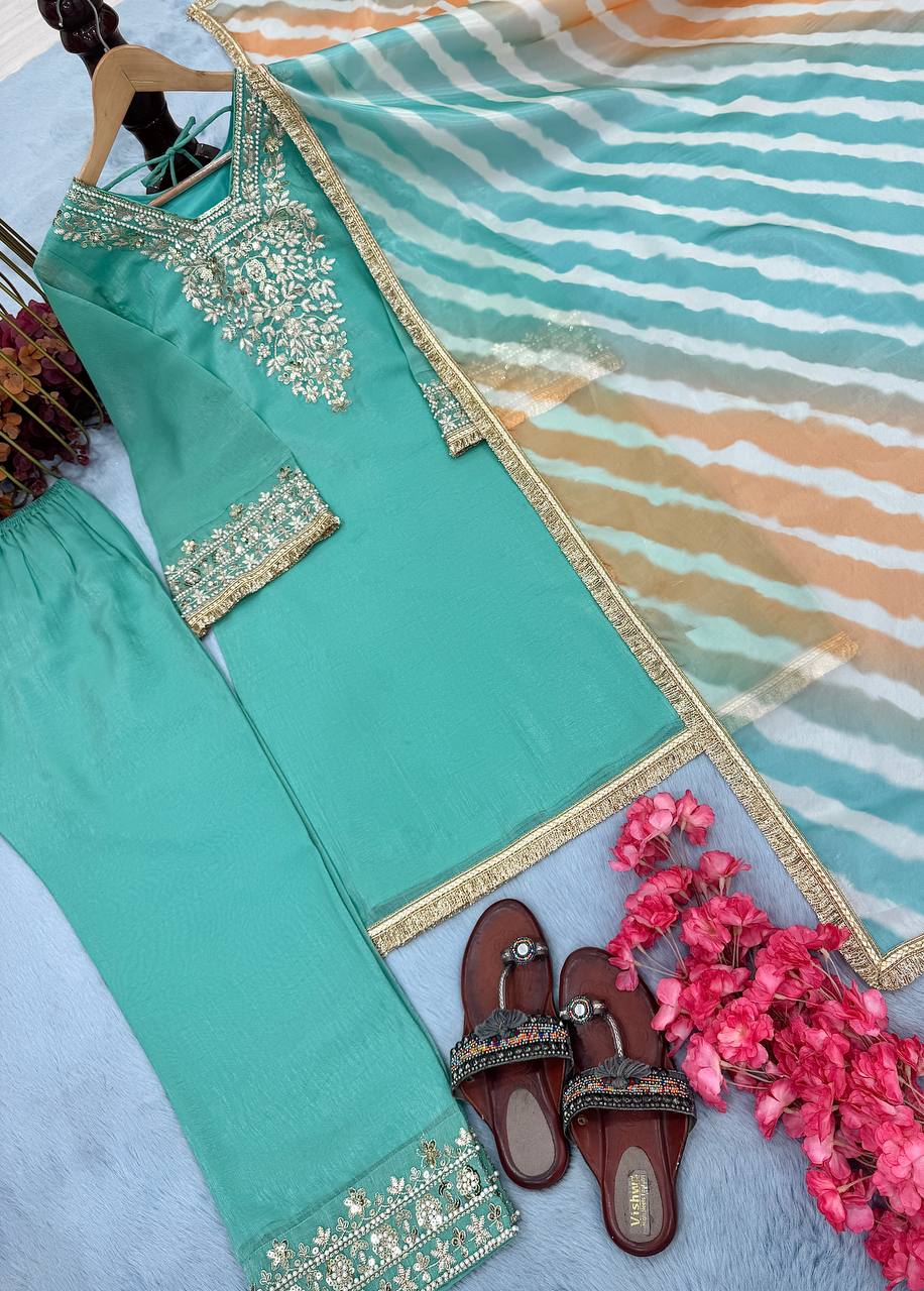 Sky Blue Premium Designer Readymade Top, Plazzo & Dupatta Collection ClothsVilla