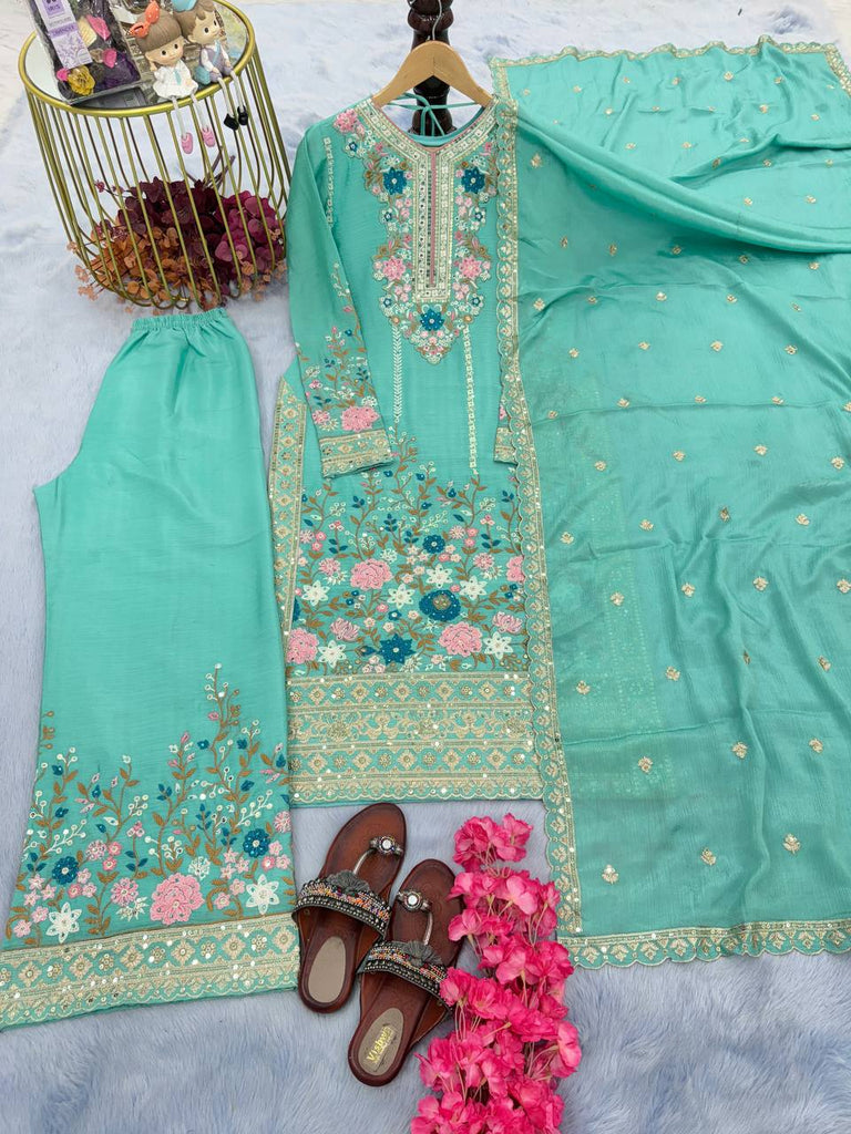 Sky Blue Premium Designer Readymade Top Plazzo Set with Dupatta Clothsvilla