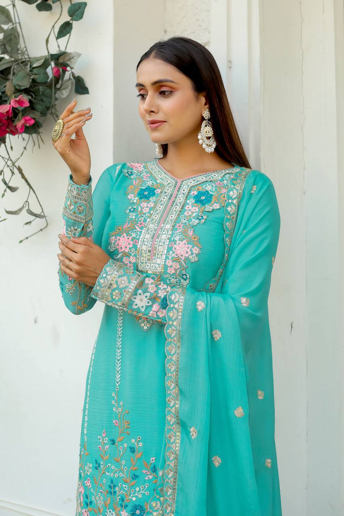 Sky Blue Premium Designer Readymade Top Plazzo Set with Dupatta Clothsvilla