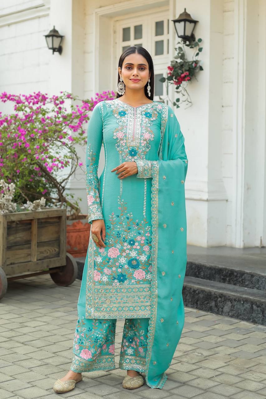 Sky Blue Premium Designer Readymade Top Plazzo Set with Dupatta Clothsvilla Main image