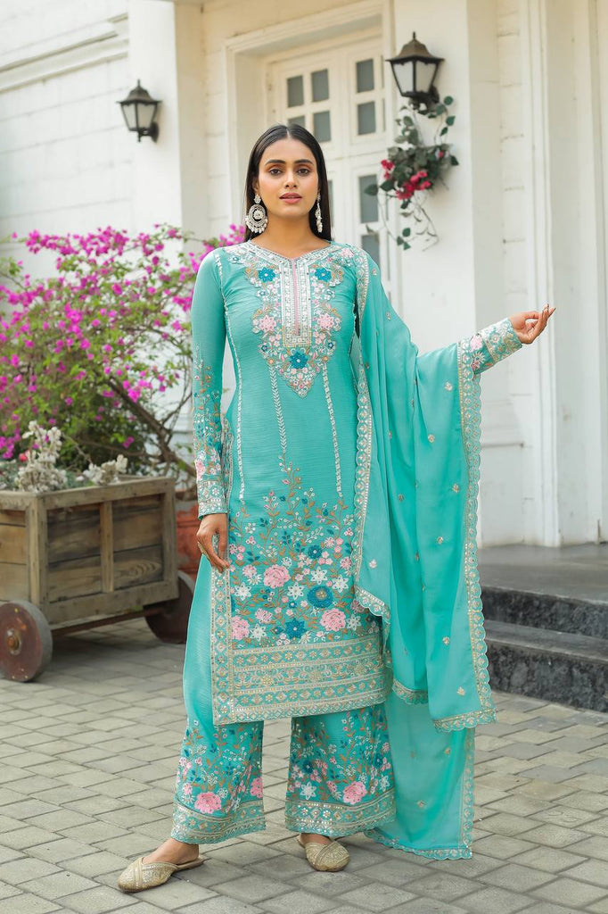 Sky Blue Premium Designer Readymade Top Plazzo Set with Dupatta Clothsvilla