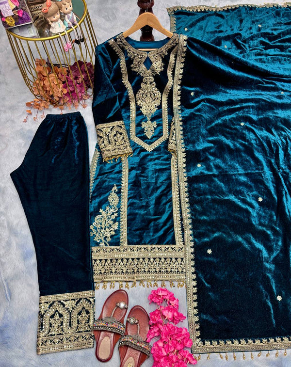 Sky Blue Premium Designer Readymade Viscose Velvet Top, Plazzo & Dupatta Set – Party Wear Elegance Clothsvilla