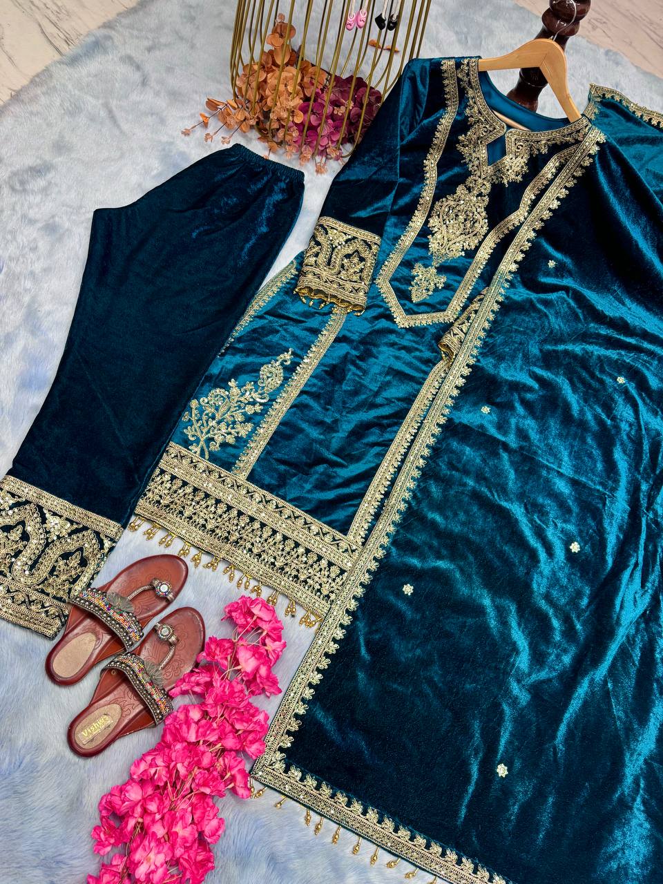 Sky Blue Premium Designer Readymade Viscose Velvet Top, Plazzo & Dupatta Set – Party Wear Elegance Clothsvilla