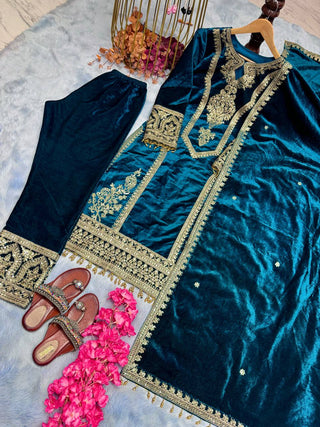 Sky Blue Premium Designer Readymade Viscose Velvet Top, Plazzo & Dupatta Set – Party Wear Elegance Clothsvilla