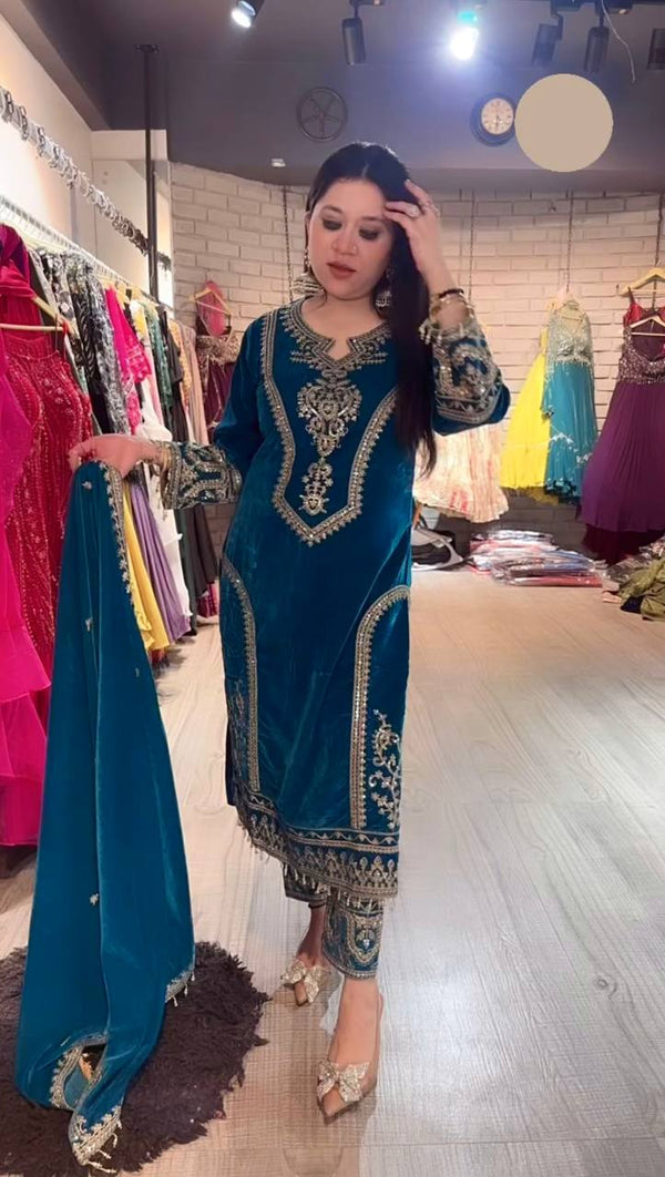 Sky Blue Premium Designer Readymade Viscose Velvet Top, Plazzo & Dupatta Set – Party Wear Elegance Clothsvilla
