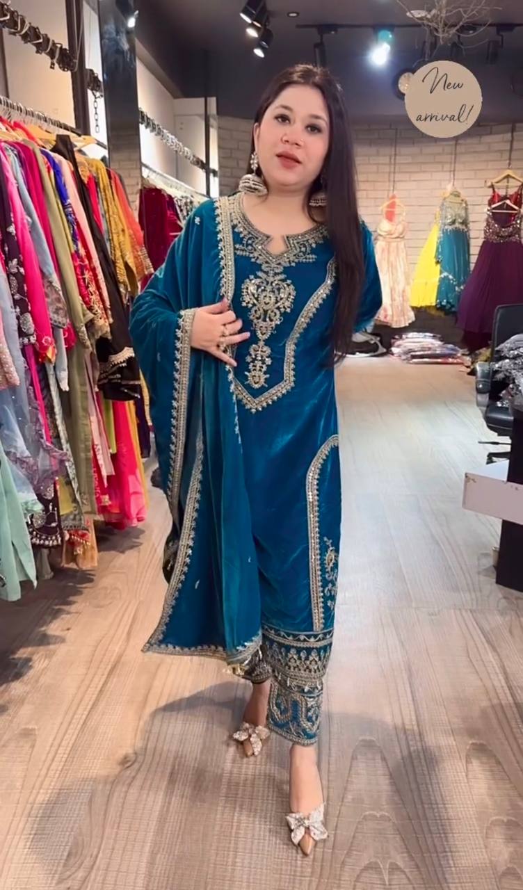 Sky Blue Premium Designer Readymade Viscose Velvet Top, Plazzo & Dupatta Set – Party Wear Elegance Clothsvilla Main image
