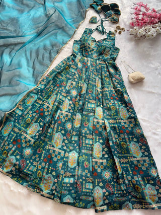 Sky Blue Premium Digital Printed Organza Anarkali Gown Set with Designer Dupatta ClothsVilla