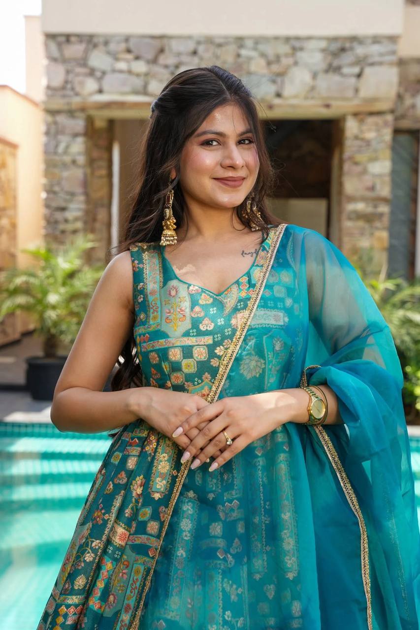Sky Blue Premium Digital Printed Organza Anarkali Gown Set with Designer Dupatta ClothsVilla
