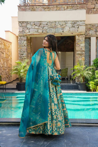 Sky Blue Premium Digital Printed Organza Anarkali Gown Set with Designer Dupatta ClothsVilla