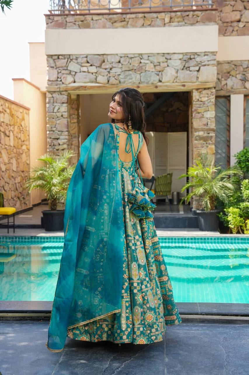 Sky Blue Premium Digital Printed Organza Anarkali Gown Set with Designer Dupatta ClothsVilla