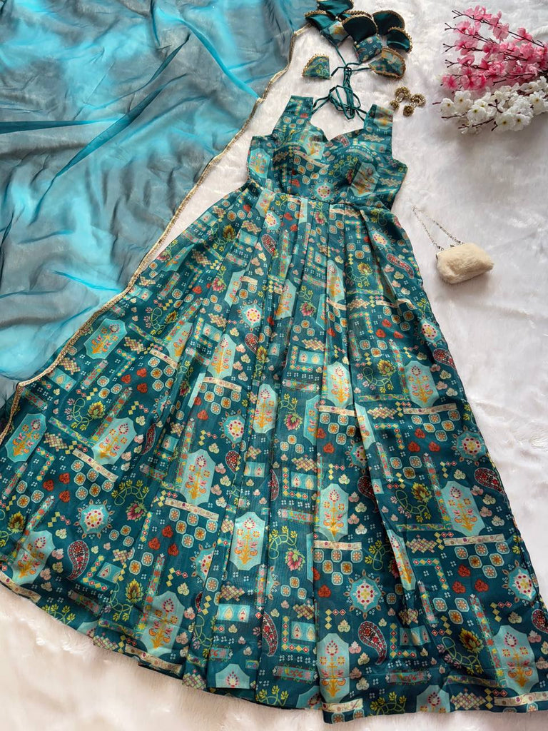 Sky Blue Premium Digital Printed Organza Anarkali Gown Set with Designer Dupatta ClothsVilla