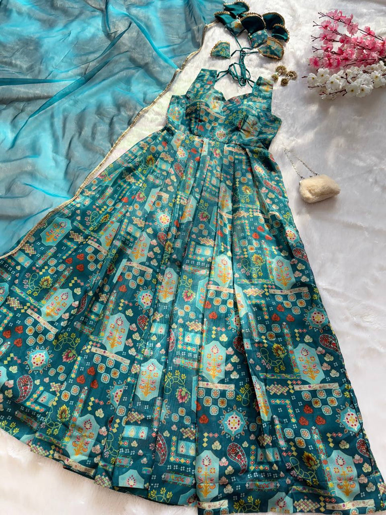 Sky Blue Premium Digital Printed Organza Anarkali Gown Set with Designer Dupatta ClothsVilla