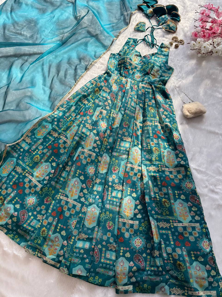 Sky Blue Premium Digital Printed Organza Anarkali Gown Set with Designer Dupatta ClothsVilla