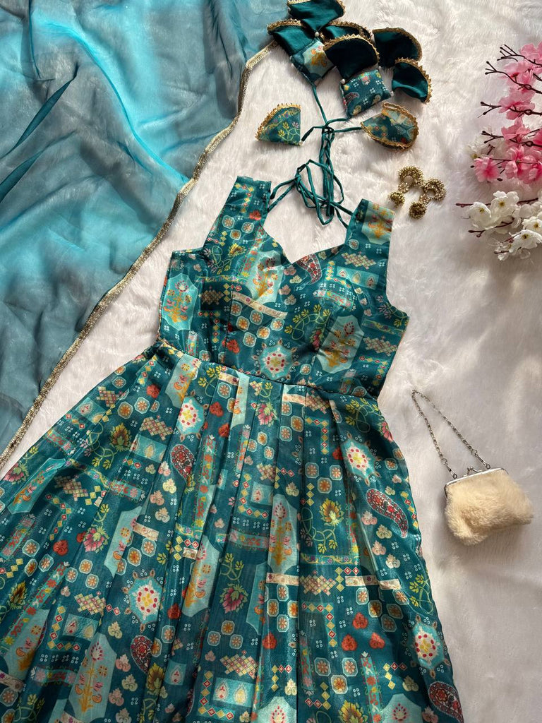 Sky Blue Premium Digital Printed Organza Anarkali Gown Set with Designer Dupatta ClothsVilla