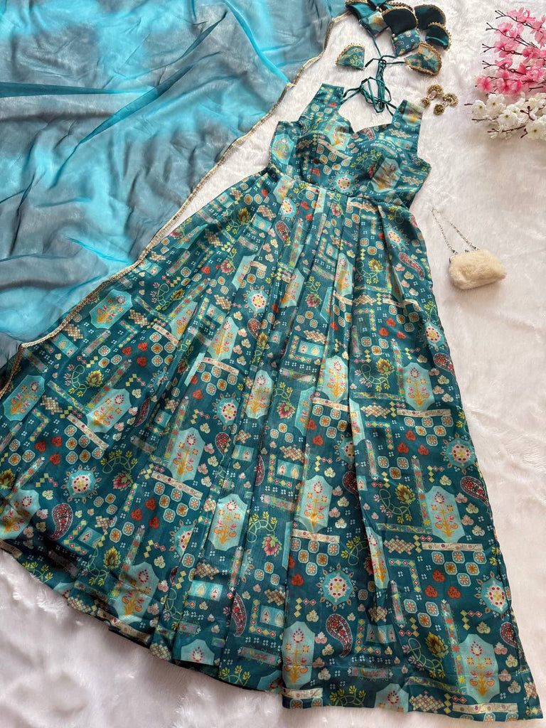 Sky Blue Premium Digital Printed Organza Anarkali Gown Set with Designer Dupatta ClothsVilla