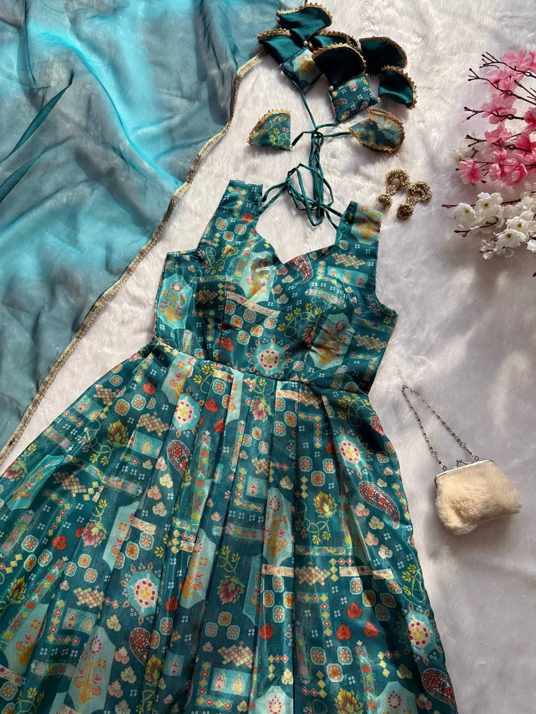 Sky Blue Premium Digital Printed Organza Anarkali Gown Set with Designer Dupatta ClothsVilla
