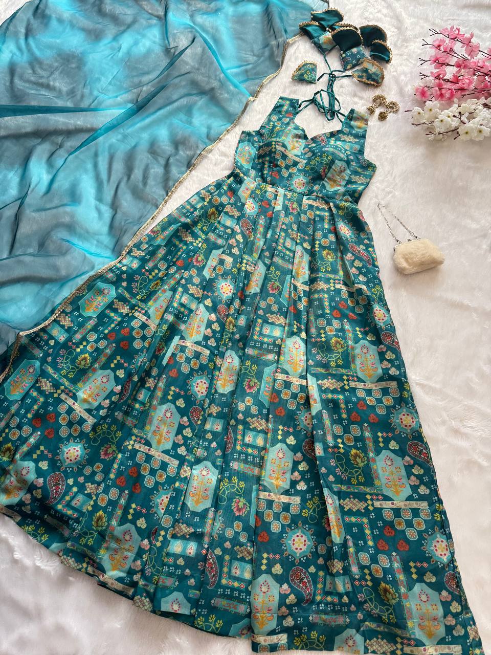 Sky Blue Premium Digital Printed Organza Anarkali Gown Set with Designer Dupatta ClothsVilla