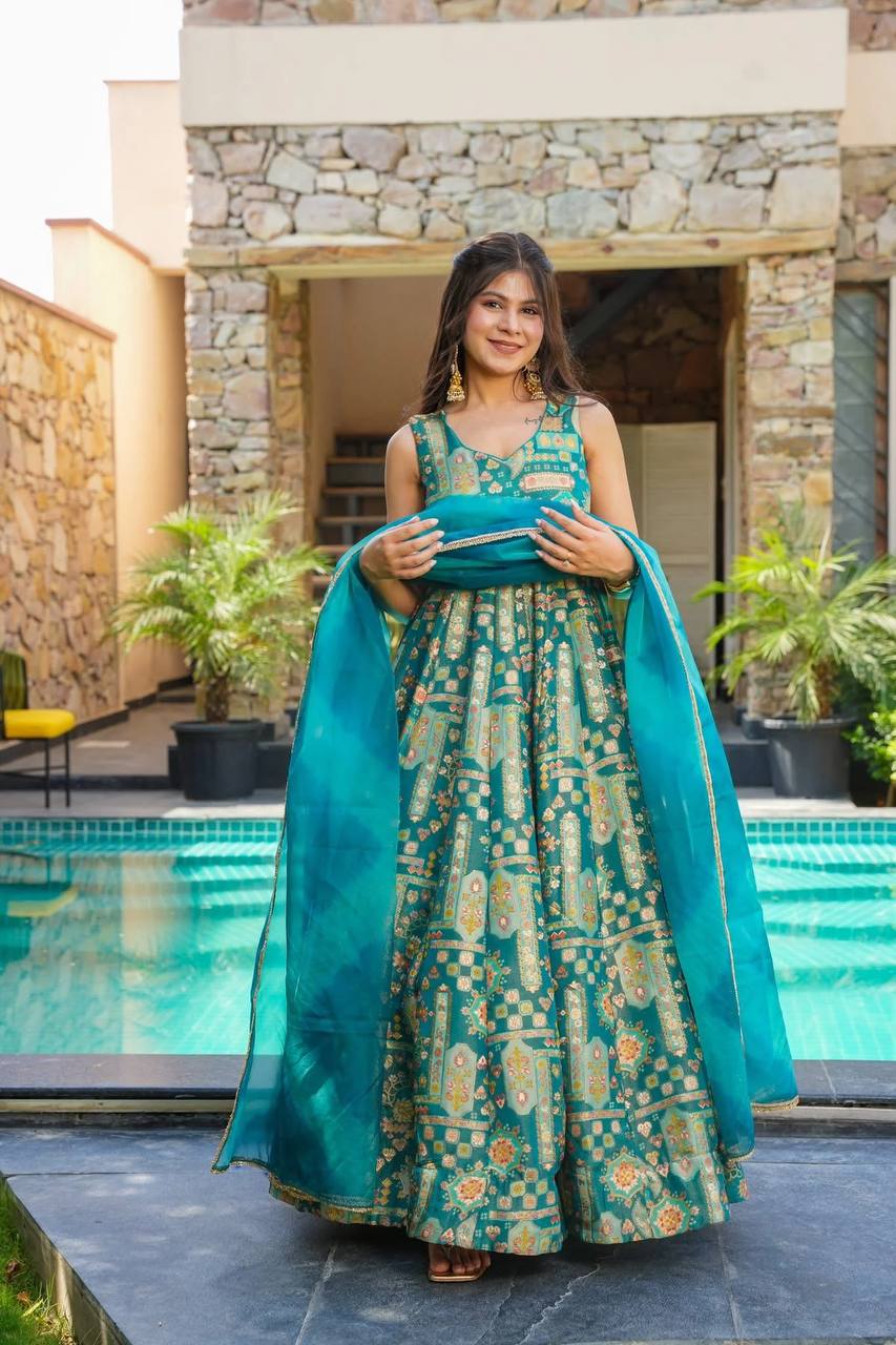 Sky Blue Premium Digital Printed Organza Anarkali Gown Set with Designer Dupatta ClothsVilla