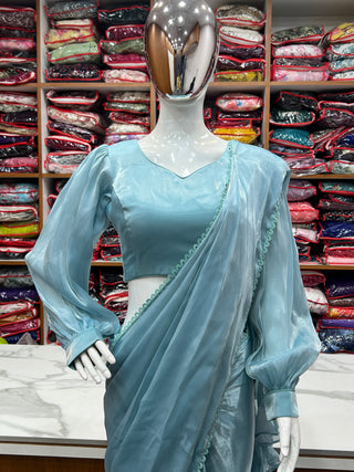 Sky Blue Premium Ready-to-Wear Organza Ruffle Saree with Stitched Blouse