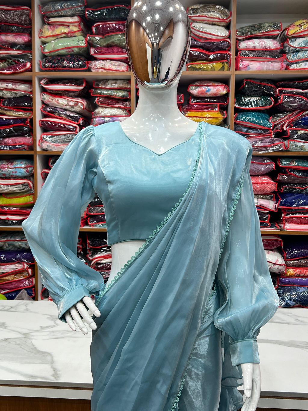 Sky Blue Premium Ready-to-Wear Organza Ruffle Saree with Stitched Blouse