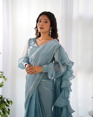 Sky Blue Premium Ready-to-Wear Organza Ruffle Saree with Stitched Blouse