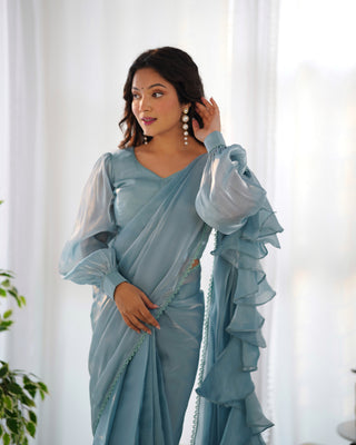 Sky Blue Premium Ready-to-Wear Organza Ruffle Saree with Stitched Blouse