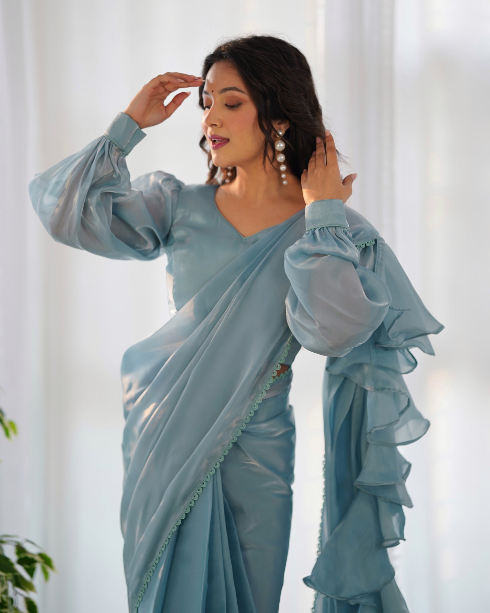 Sky Blue Premium Ready-to-Wear Organza Ruffle Saree with Stitched Blouse