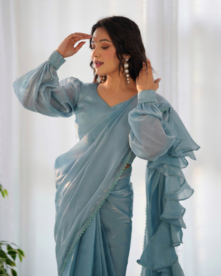 Sky Blue Premium Ready-to-Wear Organza Ruffle Saree with Stitched Blouse