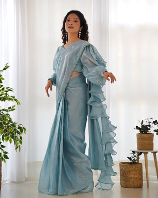 Sky Blue Premium Ready-to-Wear Organza Ruffle Saree with Stitched Blouse