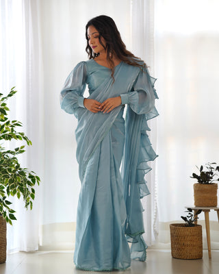 Sky Blue Premium Ready-to-Wear Organza Ruffle Saree with Stitched Blouse