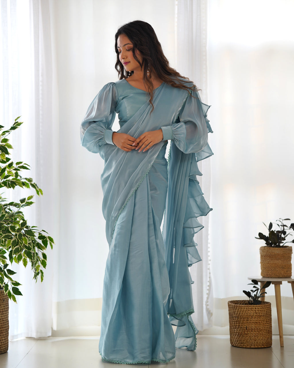 Sky Blue Premium Ready-to-Wear Organza Ruffle Saree with Stitched Blouse
