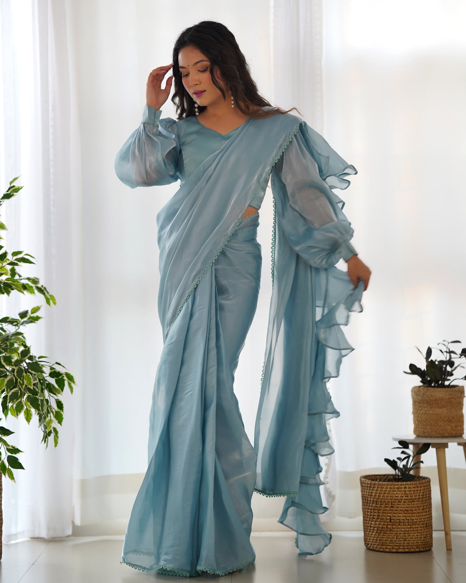 Sky Blue Premium Ready-to-Wear Organza Ruffle Saree with Stitched Blouse