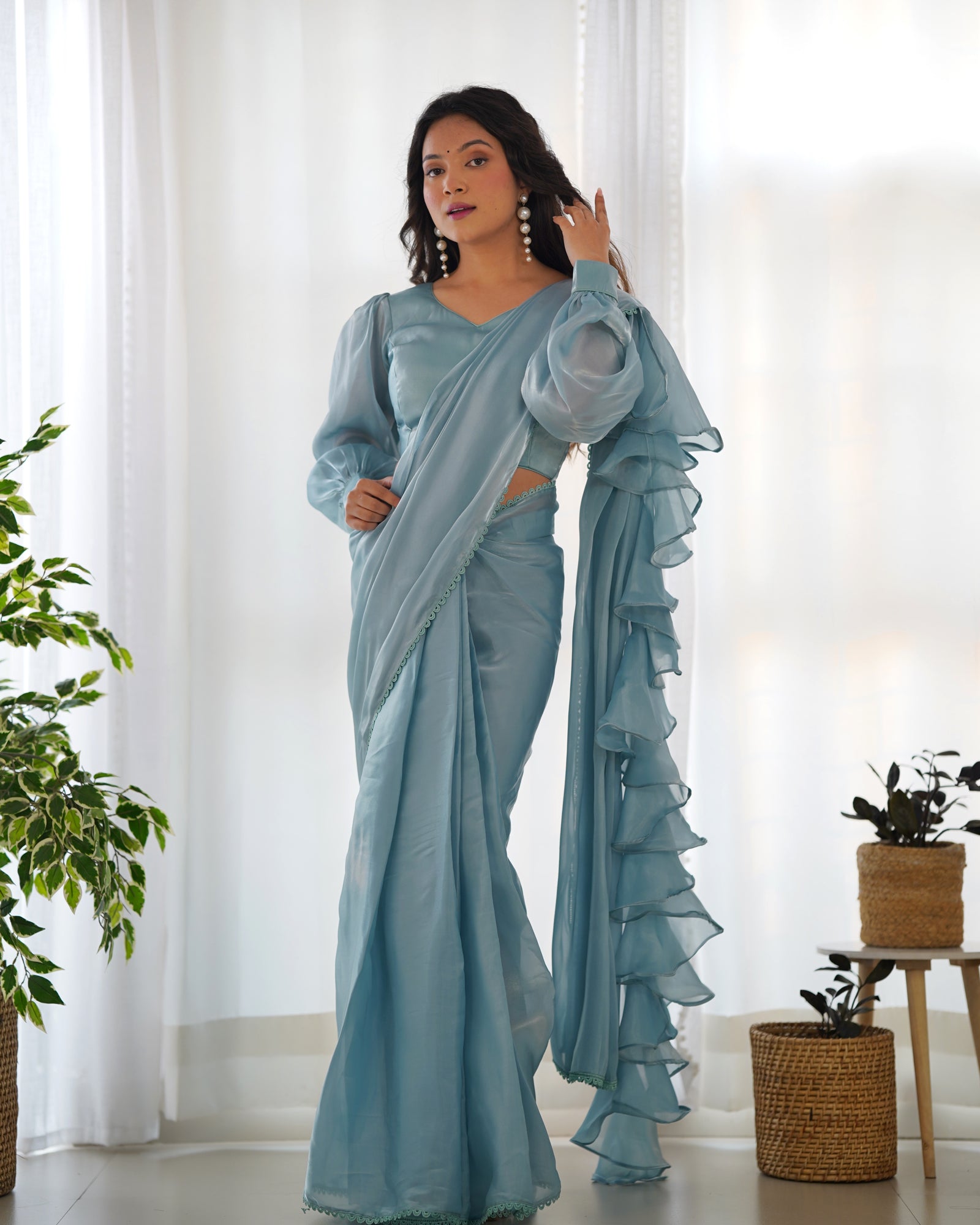 Sky Blue Premium Ready-to-Wear Organza Ruffle Saree with Stitched Blouse