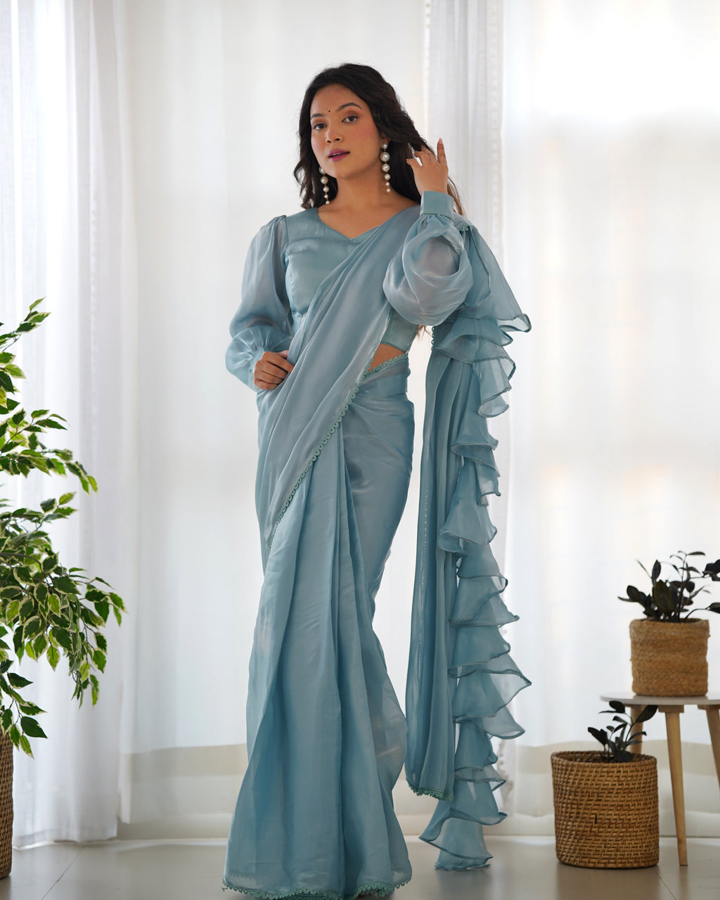 Sky Blue Premium Ready-to-Wear Organza Ruffle Saree with Stitched Blouse
