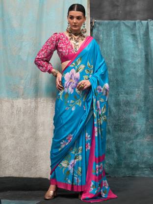 Sky Blue Printed Chanderi Crepe Saree with Unstitched Blouse ClothsVilla