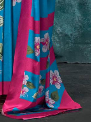 Sky Blue Printed Chanderi Crepe Saree with Unstitched Blouse ClothsVilla