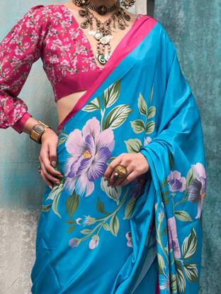Sky Blue Printed Chanderi Crepe Saree with Unstitched Blouse ClothsVilla