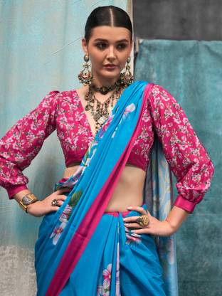 Sky Blue Printed Chanderi Crepe Saree with Unstitched Blouse ClothsVilla