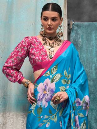 Sky Blue Printed Chanderi Crepe Saree with Unstitched Blouse ClothsVilla