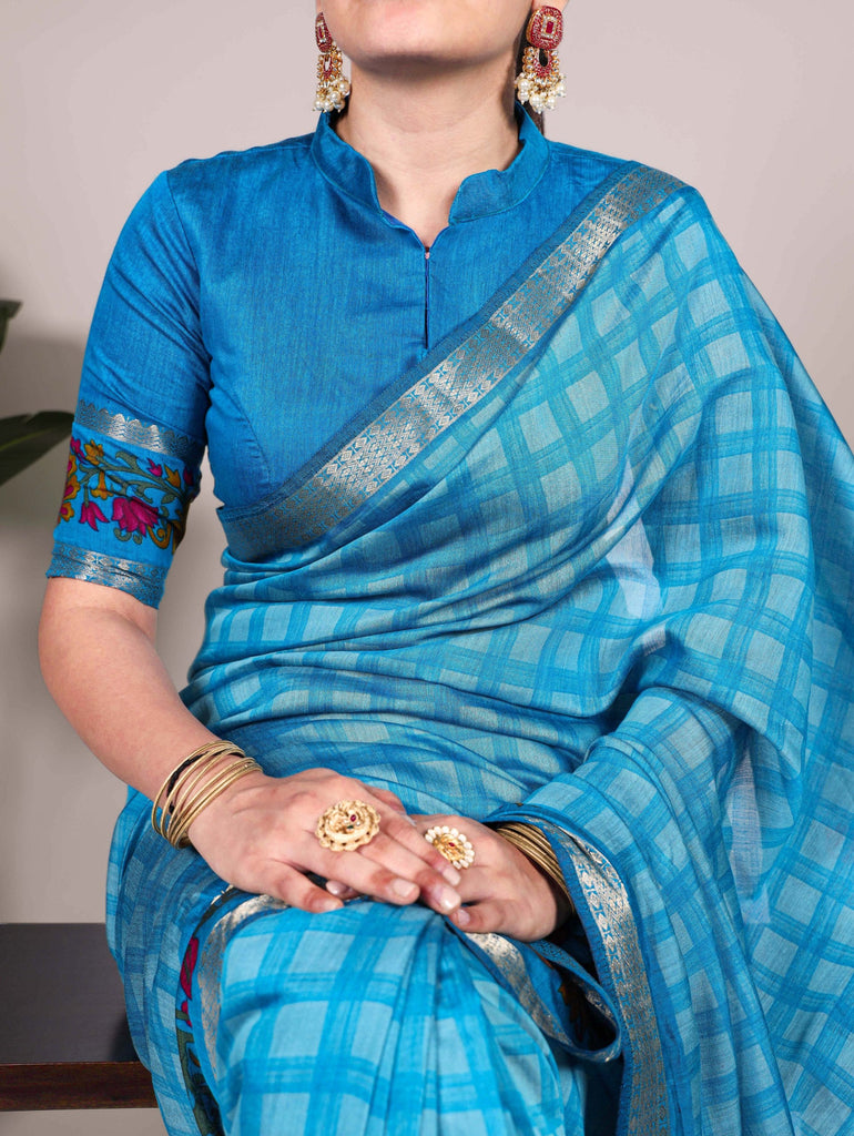 Sky Blue Printed Chanderi Saree with Zari Weaving Work Polyester Viscose Clothsvilla