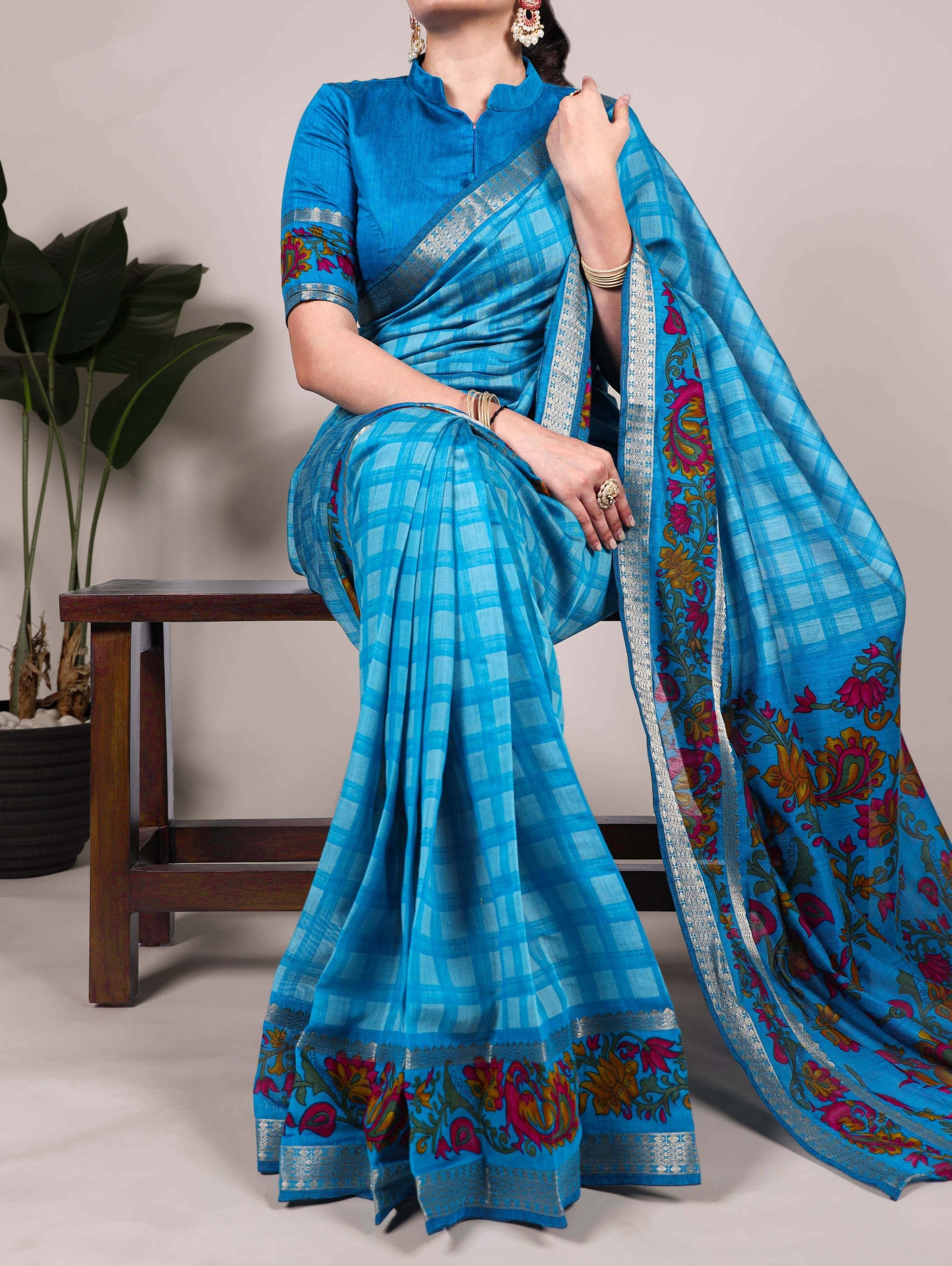 Sky Blue Printed Chanderi Saree with Zari Weaving Work Polyester Viscose Clothsvilla Main image