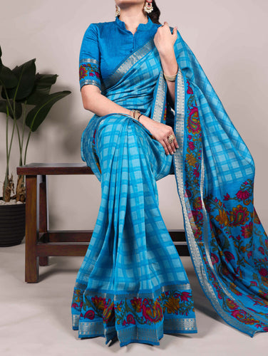 Sky Blue Printed Chanderi Saree with Zari Weaving Work Polyester Viscose Clothsvilla