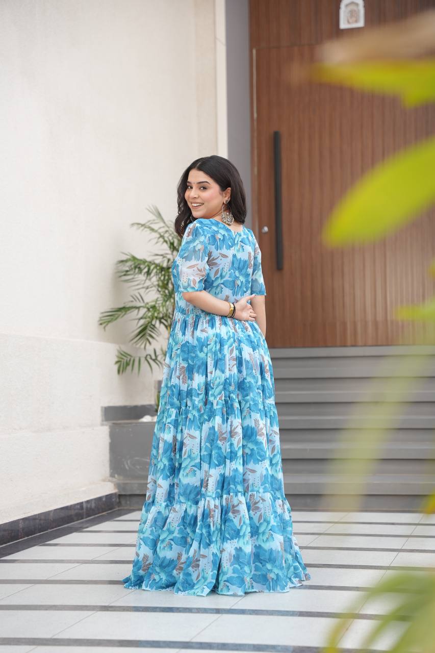 Sky Blue Printed Faux Georgette Gown with Fancy V-Neck | Full Cotton Lining | Ready to Wear ClothsVilla