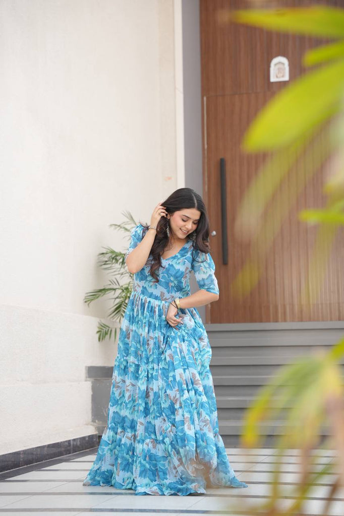 Sky Blue Printed Faux Georgette Gown with Fancy V-Neck | Full Cotton Lining | Ready to Wear ClothsVilla