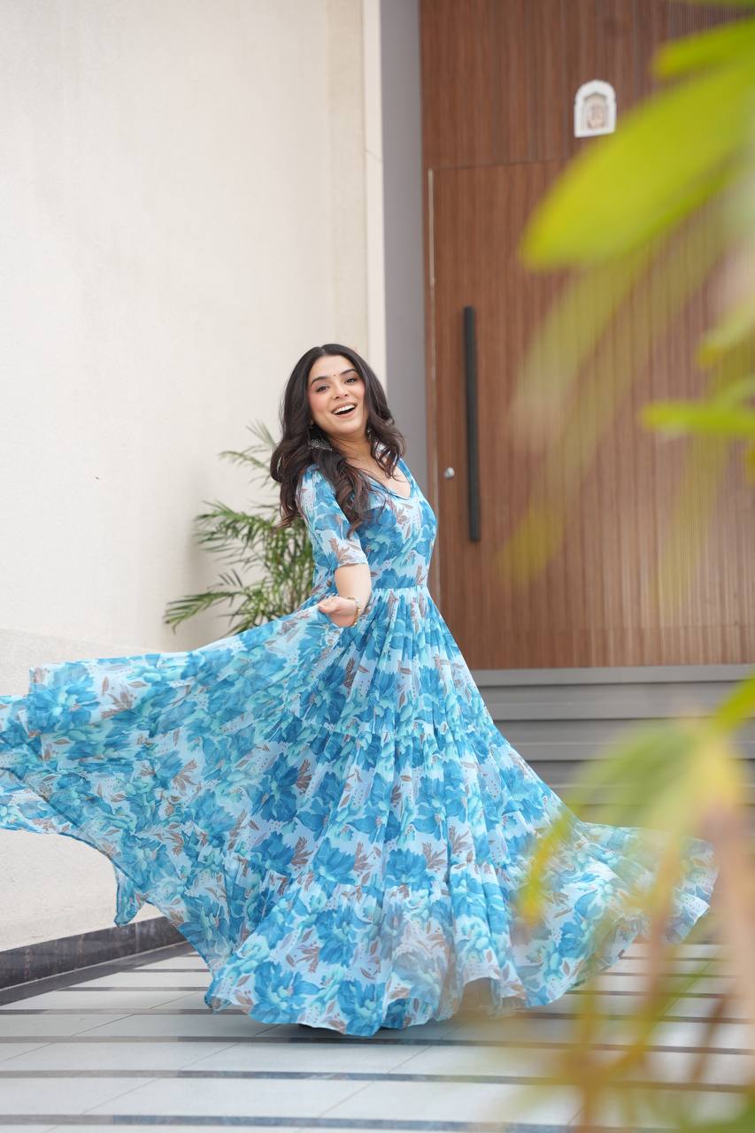Sky Blue Printed Faux Georgette Gown with Fancy V-Neck | Full Cotton Lining | Ready to Wear ClothsVilla