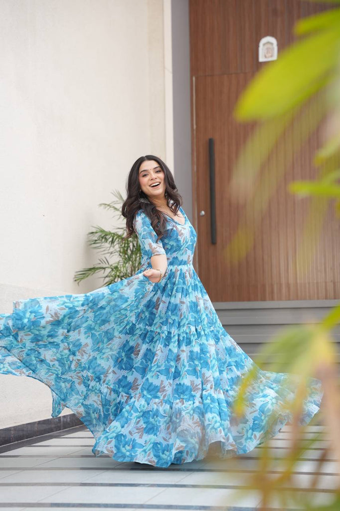 Sky Blue Printed Faux Georgette Gown with Fancy V-Neck | Full Cotton Lining | Ready to Wear ClothsVilla