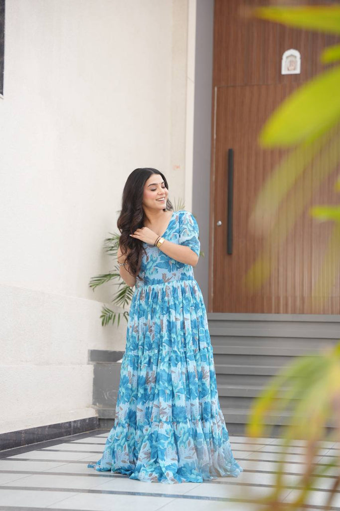 Sky Blue Printed Faux Georgette Gown with Fancy V-Neck | Full Cotton Lining | Ready to Wear ClothsVilla