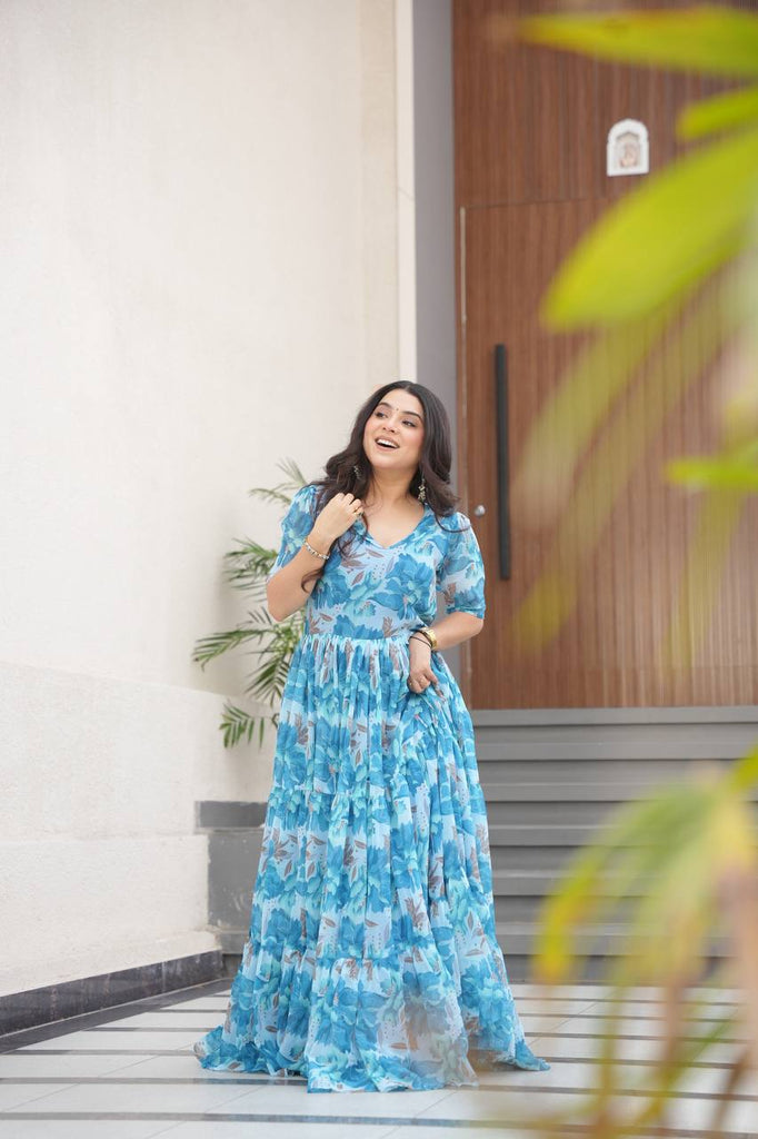 Sky Blue Printed Faux Georgette Gown with Fancy V-Neck | Full Cotton Lining | Ready to Wear ClothsVilla